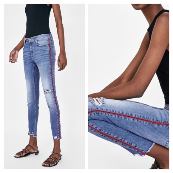 Zara Basic Denim Jeans w/ Red Side Stripes - Picture 1 of 3